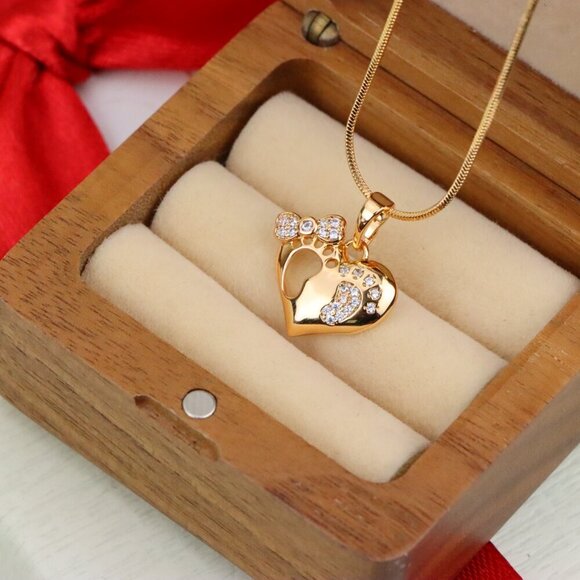 "Rose Gold Baby Footprint Heart Pendant with Sparkling CZ Accents, XPPT1249 - Picture 11 of 12